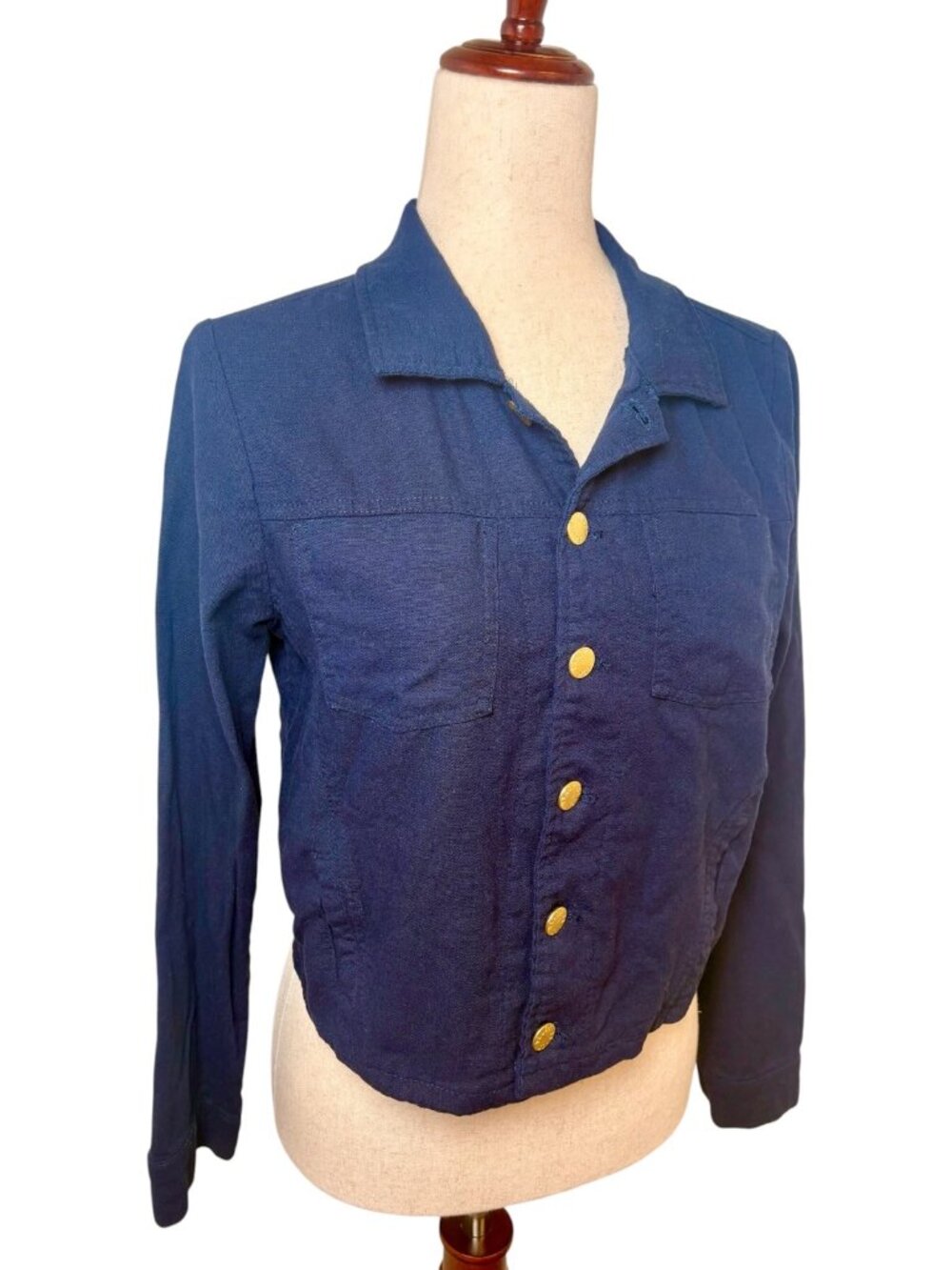 Ellen Tracy Navy Linen Blend Cropped Utility Jacket Medium